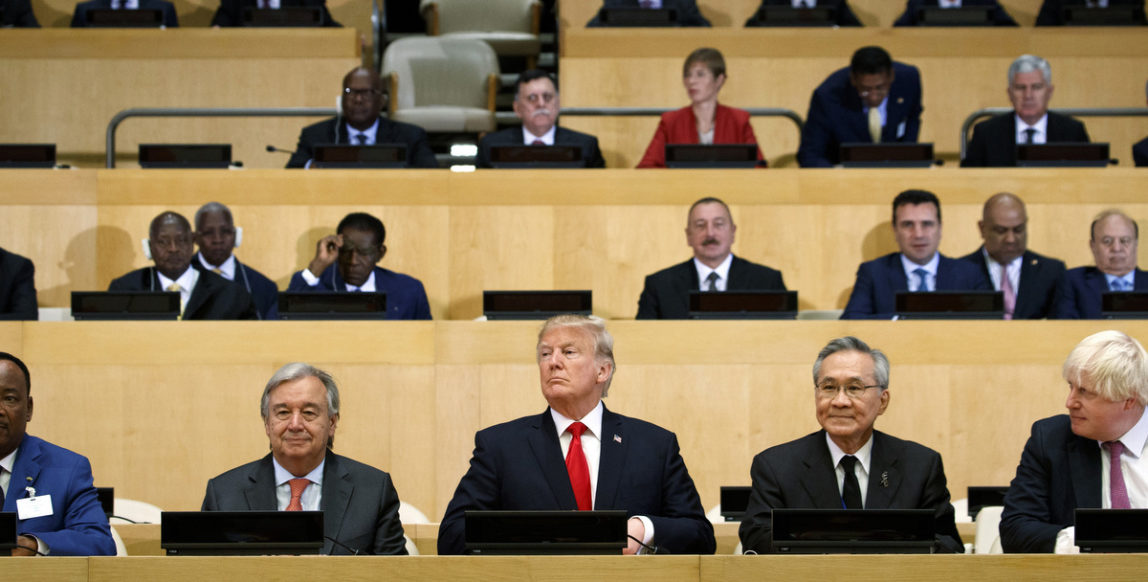 President Donald Trump participates in a photo before the beginning of the "Reforming the United Nations: Management, Security, and Development" meeting during the United Nations General Assembly, Monday, Sept. 18, 2017, at U.N. headquarters. (AP/Evan Vucci)