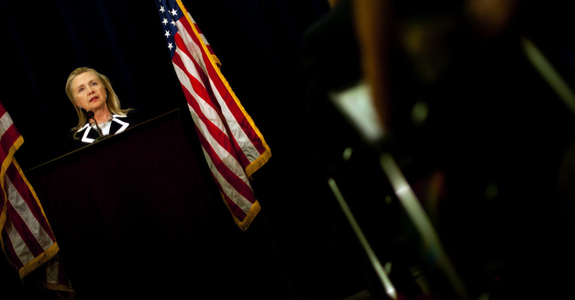 U.S. Secretary of State Hillary Rodham Clinton delivers remarks during a press conference at the U.S. Consulate in Vladivostok, Russia Sunday, Sept. 9, 2012. (AP Photo/Jim Watson, Pool)