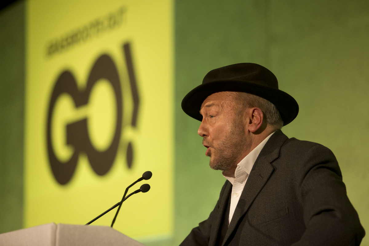 Guest speaker British politician George Galloway makes a speech at a rally held by the Grassroots Out (GO), anti-EU campaign group at the Queen Elizabeth II conference centre in London, held to coincide with the EU summit in Brussels, Feb. 19, 2016. (AP/Matt Dunham)