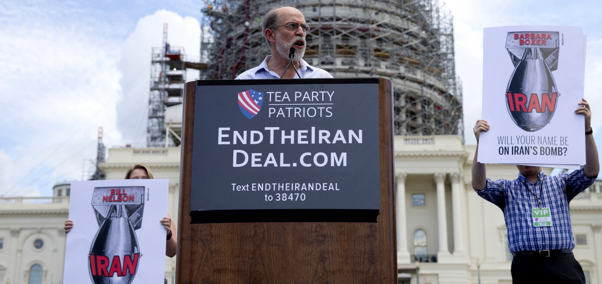 Frank Gaffney, founder and CEO of the Center for Security Policy, speaks during a rally organized by Tea Party Patriots in on Capitol Hill in Washington, Wednesday, Sept. 9, 2015, to oppose the Iran nuclear agreement. (AP/Carolyn Kaster)