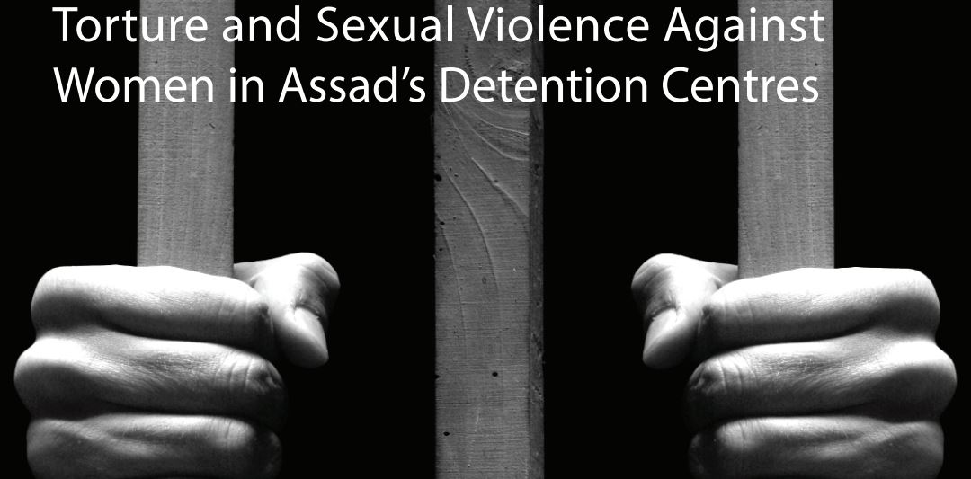 A screenshot of the cover-page of "Voices from the Dark: Torture and Sexual Violence against Women in Syrian Government’s Detention Centres" by LDHR. The report, which relies solely on anonymous testimony from 8 women, is littered with dramatic stock imagery, and contains no photographic evidence.
