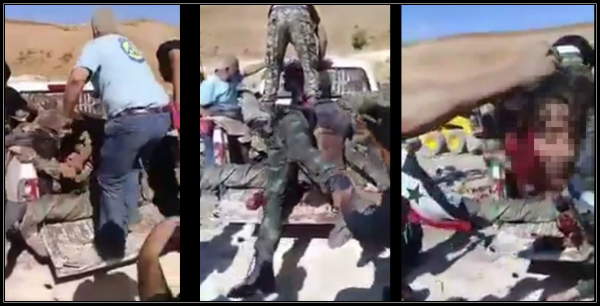 Screenshots of the execution and dismemberment of SAA prisoners of war, with a White Helmets operative in attendance and assisting extremist factions. 