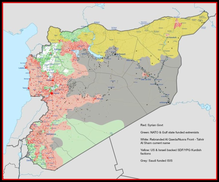 Map showing areas controlled by the Syrian government, as well as NATO and Gulf state-funded extremist and terrorist factions. (Photo: 21WIRE)