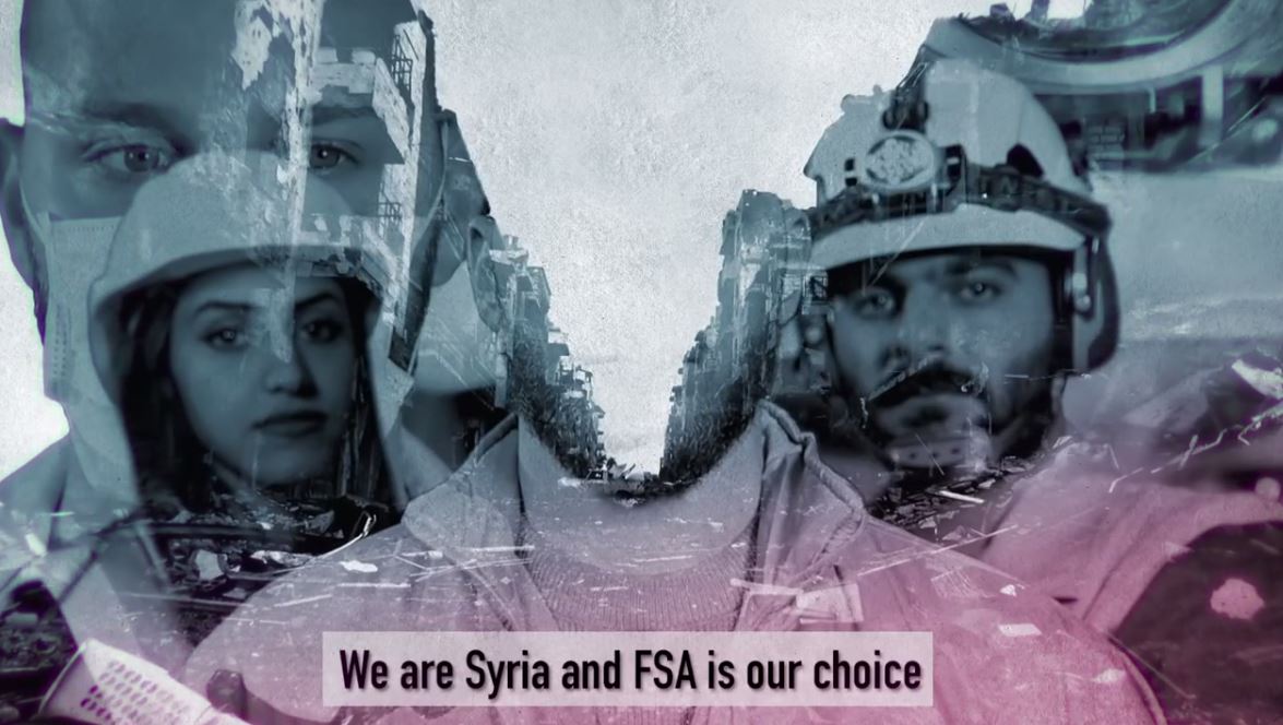Screenshot from video (below) showing the White Helmets clearly affiliating themselves with the mythical “moderate” FSA (Free Syrian Army) that co-exists with Nusra Front and a variety of extremist groups.