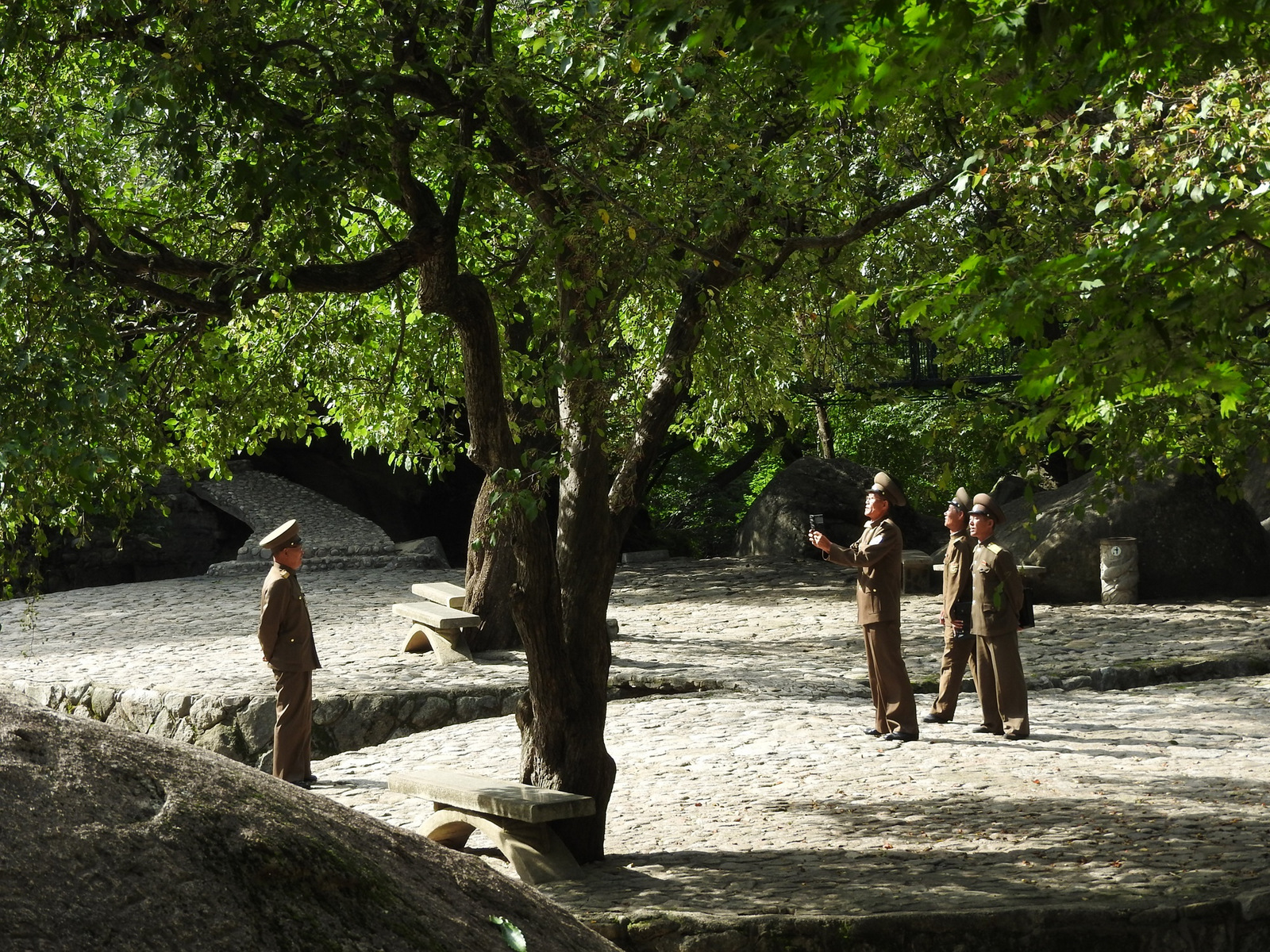 Beneath a tree near the waterfall, soldiers took turns being photographed with the waterfall as a backdrop. Later, they repeated at the waterfall. 