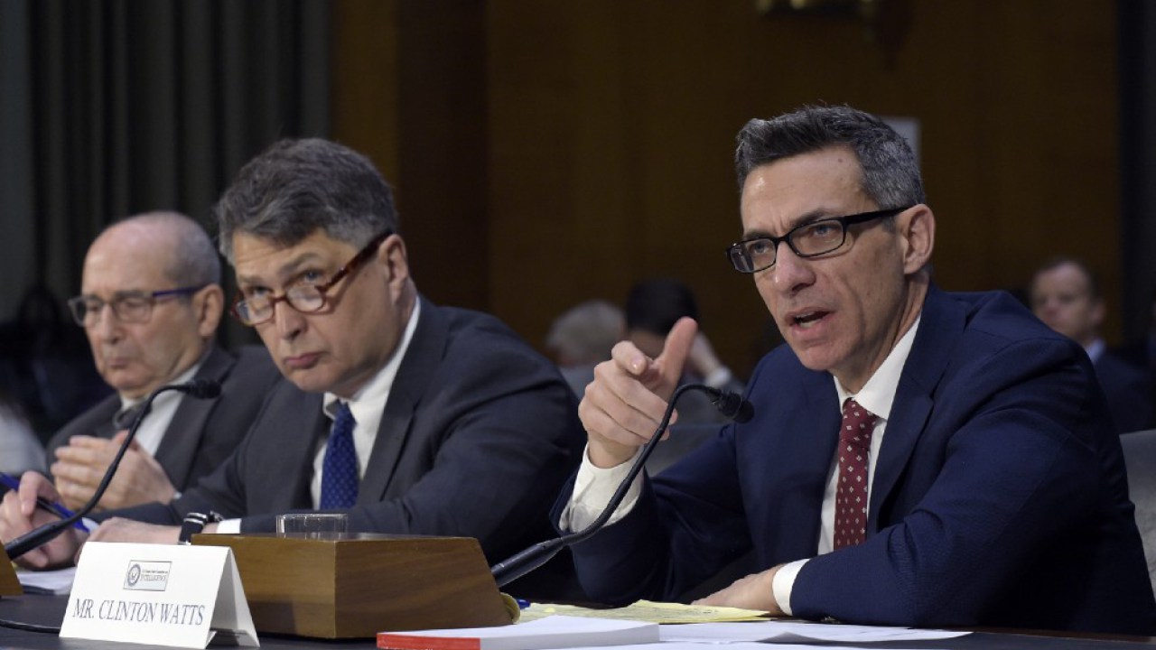Clint Watts, right, a senior fellow at the Foreign Policy Research Institute program on national security testifies before the Senate Intelligence Committee hearing on Capitol Hill on March 30. (AP/Susan Walsh