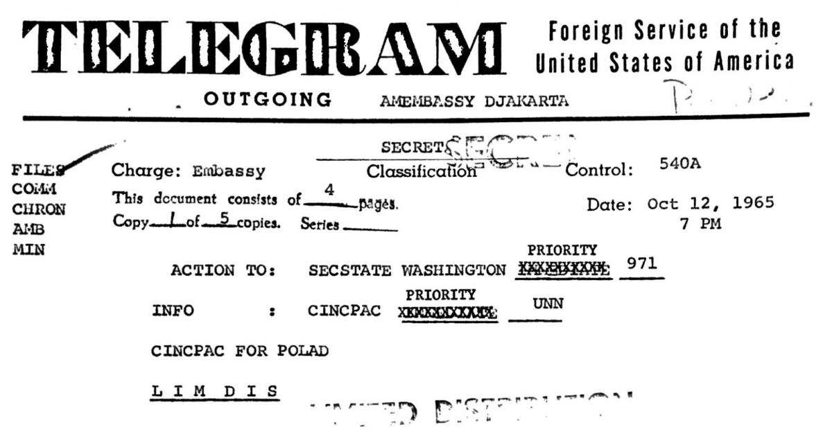 美国驻雅加达大使馆的 39 份解密文件之一显示美国政府了解 1965-66 年印度尼西亚的大屠杀。发表于 2017 年 10 月 17 日。© 2017 国家安全档案馆