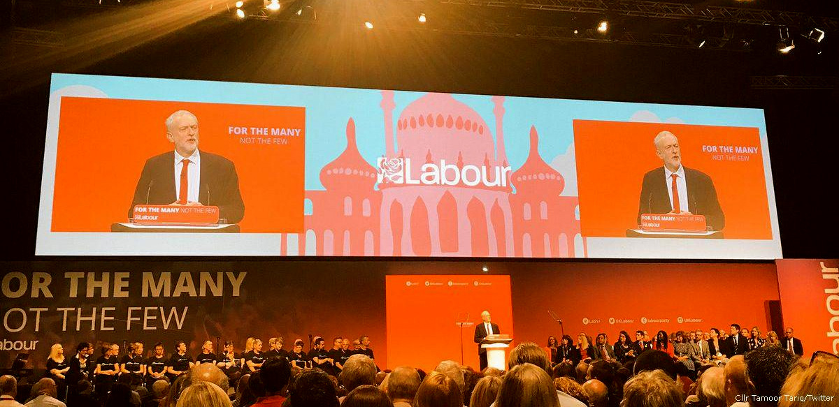 Jeremy Corbyn speaks at a Labour Party conference 2017 in Brighton, UK. (Cllr Tamoor Tariq/Twitter)