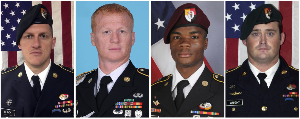 These images provided by the U.S. Army show, from left, Staff Sgt. Bryan C. Black, 35, of Puyallup, Wash.; Staff Sgt. Jeremiah W. Johnson, 39, of Springboro, Ohio; Sgt. La David Johnson of Miami Gardens, Fla.; and Staff Sgt. Dustin M. Wright, 29, of Lyons, Ga. A senior U.S. defense official says the military suspects that American special forces were ambushed in Niger after someone in the village they visited told enemy fighters they were in the area. The Army Green Berets and about 30 Niger forces stopped in a village for an hour or two to get food and water after conducting an overnight reconnaissance mission. All four were killed in Niger, when a joint patrol of American and Niger forces was ambushed by militants believed linked to the Islamic State group. (U.S. Army via AP)
