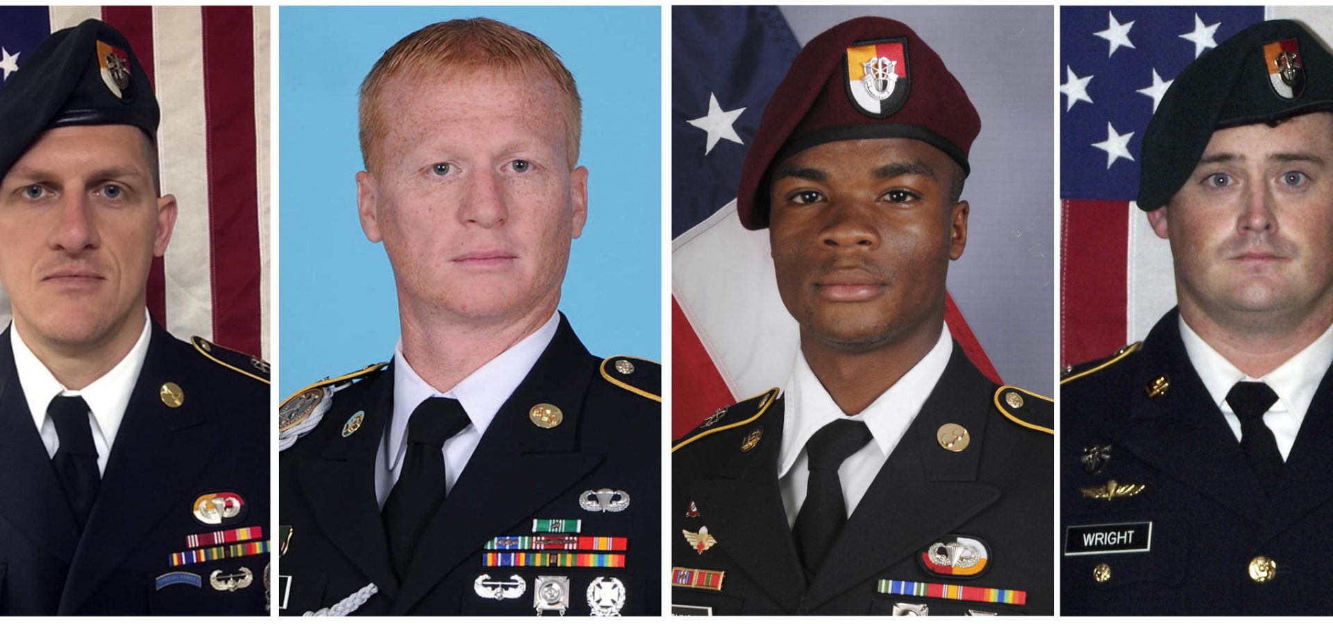 These images provided by the U.S. Army show, from left, Staff Sgt. Bryan C. Black, 35, of Puyallup, Wash.; Staff Sgt. Jeremiah W. Johnson, 39, of Springboro, Ohio; Sgt. La David Johnson of Miami Gardens, Fla.; and Staff Sgt. Dustin M. Wright, 29, of Lyons, Ga. A senior U.S. defense official says the military suspects that American special forces were ambushed in Niger after someone in the village they visited told enemy fighters they were in the area. The Army Green Berets and about 30 Niger forces stopped in a village for an hour or two to get food and water after conducting an overnight reconnaissance mission. All four were killed in Niger, when a joint patrol of American and Niger forces was ambushed by militants believed linked to the Islamic State group. (U.S. Army via AP)