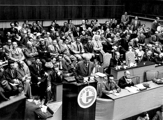 Future Israeli Prime Minister David Ben-Gurion speaking at 19th Zionist Congress, Lucerne, Switzerland, 1935. Ben-Gurion wrote: “American Jewry had a considerable part, knowingly or not, in the achievement of the Balfour Declaration.”