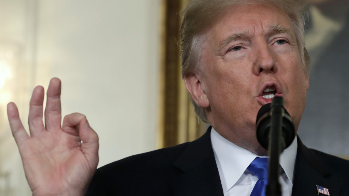 President Donald Trump speaks on Iran policy from the Diplomatic Reception Room of the White House, Friday, Oct. 13, 2017, in Washington. (AP/Evan Vucci)