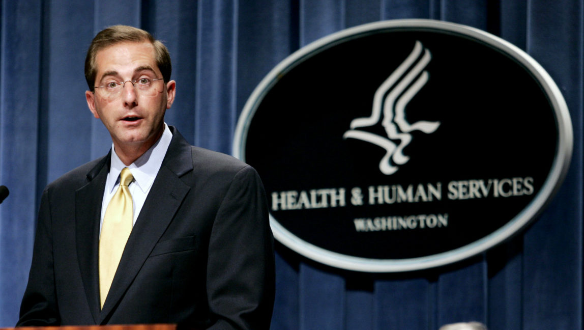 Deputy Health and Human Services Secretary Alex Azar meets reporters at the HHS Department in Washington, Thursday, June 8, 2006. (AP Photo/Evan Vucci)