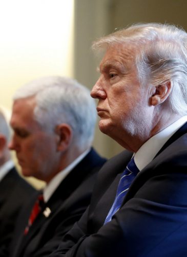 President Donald Trump, second from right, with Secretary of State Rex Tillerson, right, Vice President Mike Pence, and others, listen during a meeting with Malaysian Prime Minister Najib Razak in the Cabinet Room of the White House, Sept. 12, 2017, in Washington. (AP/Alex Brandon)