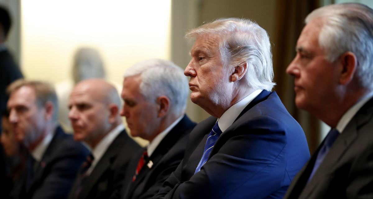 President Donald Trump, second from right, with Secretary of State Rex Tillerson, right, Vice President Mike Pence, and others, listen during a meeting with Malaysian Prime Minister Najib Razak in the Cabinet Room of the White House, Sept. 12, 2017, in Washington. (AP/Alex Brandon)