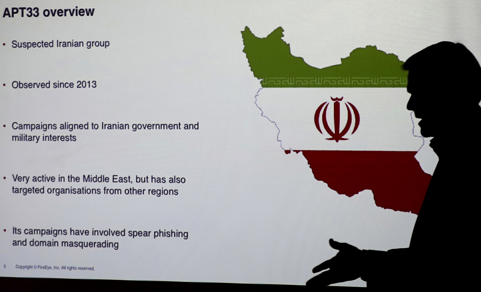 In the United Arab Emirates, a staunch opponent of the Iranian government, Stuart Davis, a director at one of FireEye's subsidiaries speaks about the techniques of Iranian hacking, Sept. 20, 2017, in Dubai, (AP/Kamran Jebreili)