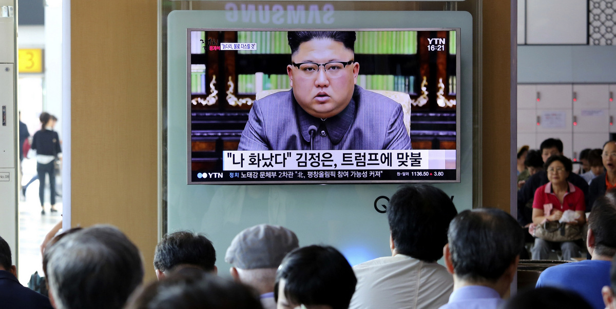 People watch a TV screen showing an image of North Korean leader Kim Jong Un delivering a statement in response to U.S. President Donald Trump's speech to the United Nations, in Pyongyang, North Korea, at the Seoul Railway Station in Seoul, South Korea, Friday, Sept. 22, 2017. (AP/Ahn Young-joon)