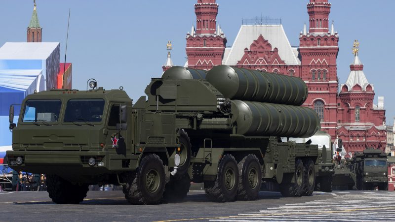 Russian S-400 air defense missile systems make their way through Red Square during a rehearsal for the Victory Day military parade in Moscow. (AP/Alexander Zemlianichenko)