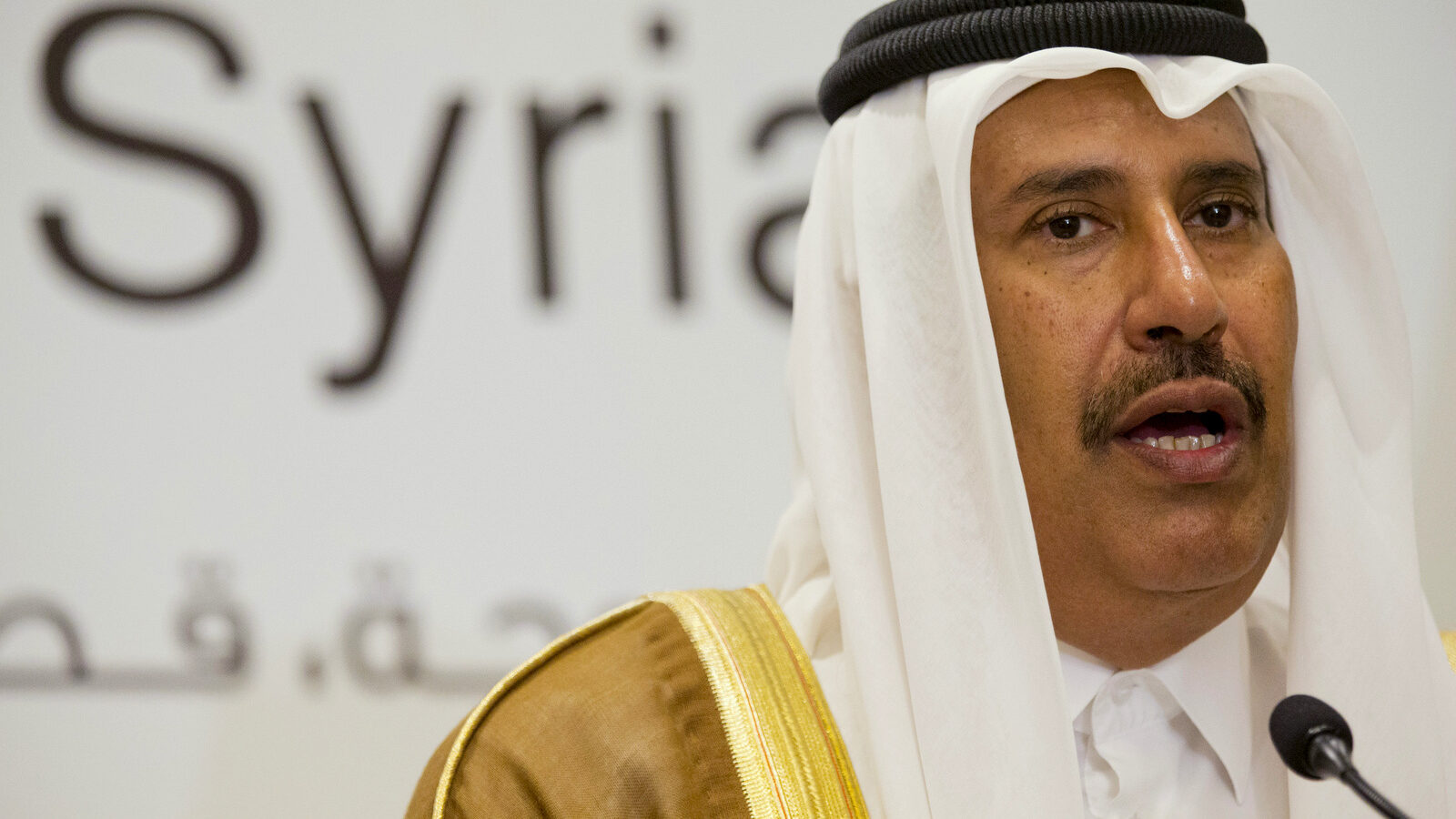 Former Qatari Prime Minister and Foreign Minister Hamad bin Jassim Al Thani, speaks at a news conference with U.S. Secretary of State John Kerry in Doha, Qatar, on Saturday, June 22, 2013. (AP/Jacquelyn Martin)