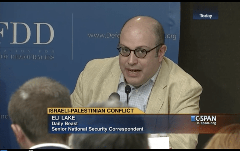 Journalist Eli Lake speaks at event organized by the Foundation for Defense of Democracies, Aug. 13, 2014. Observers describe him as a neoconservative “pro-Israel” ideologue.”