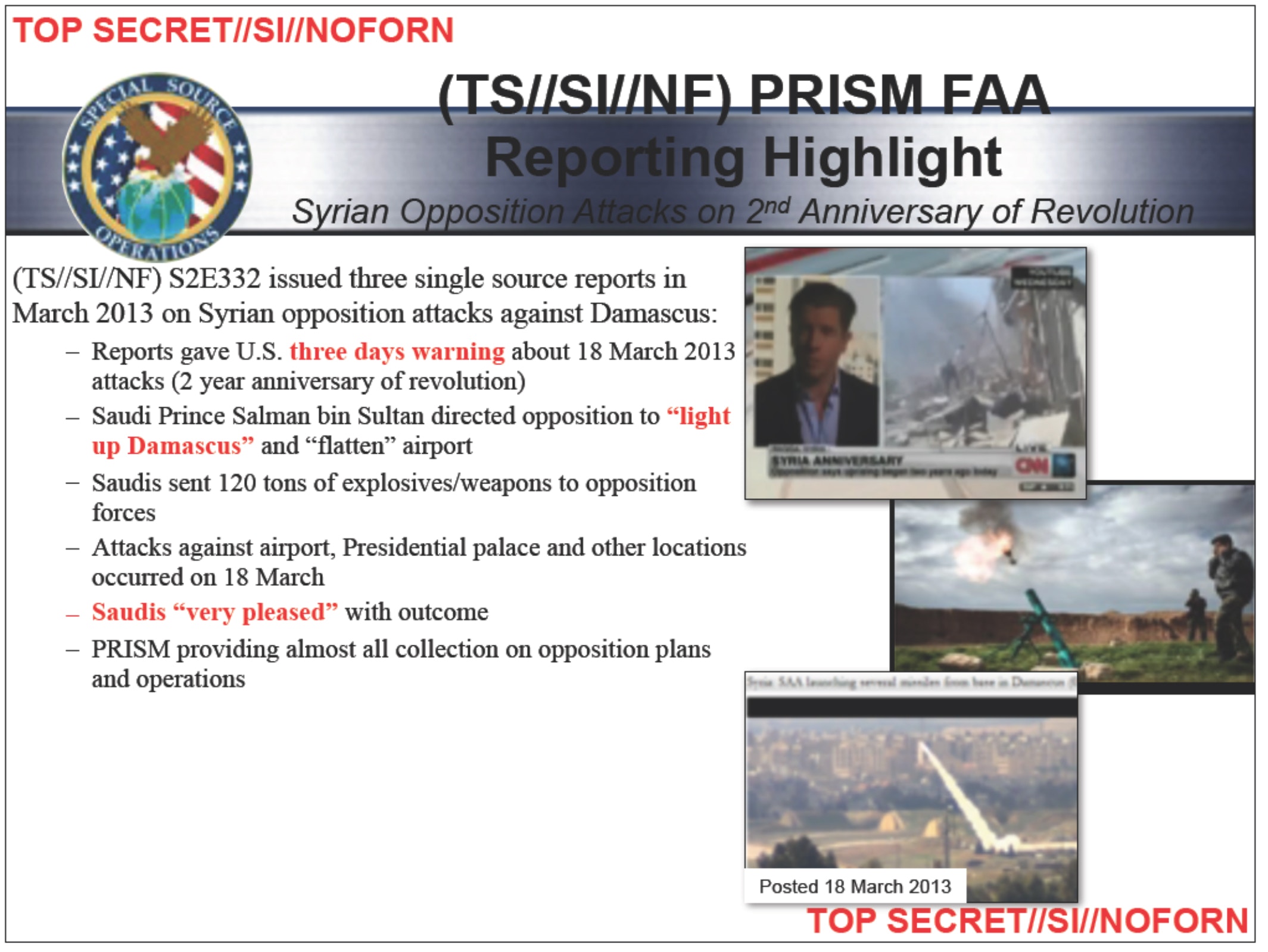 An NSA graphic released by The Intercept outlines Saudi involvement in organizing and supplying Syrian opposition forces for attacks on Syria's civilian infrastructure. 