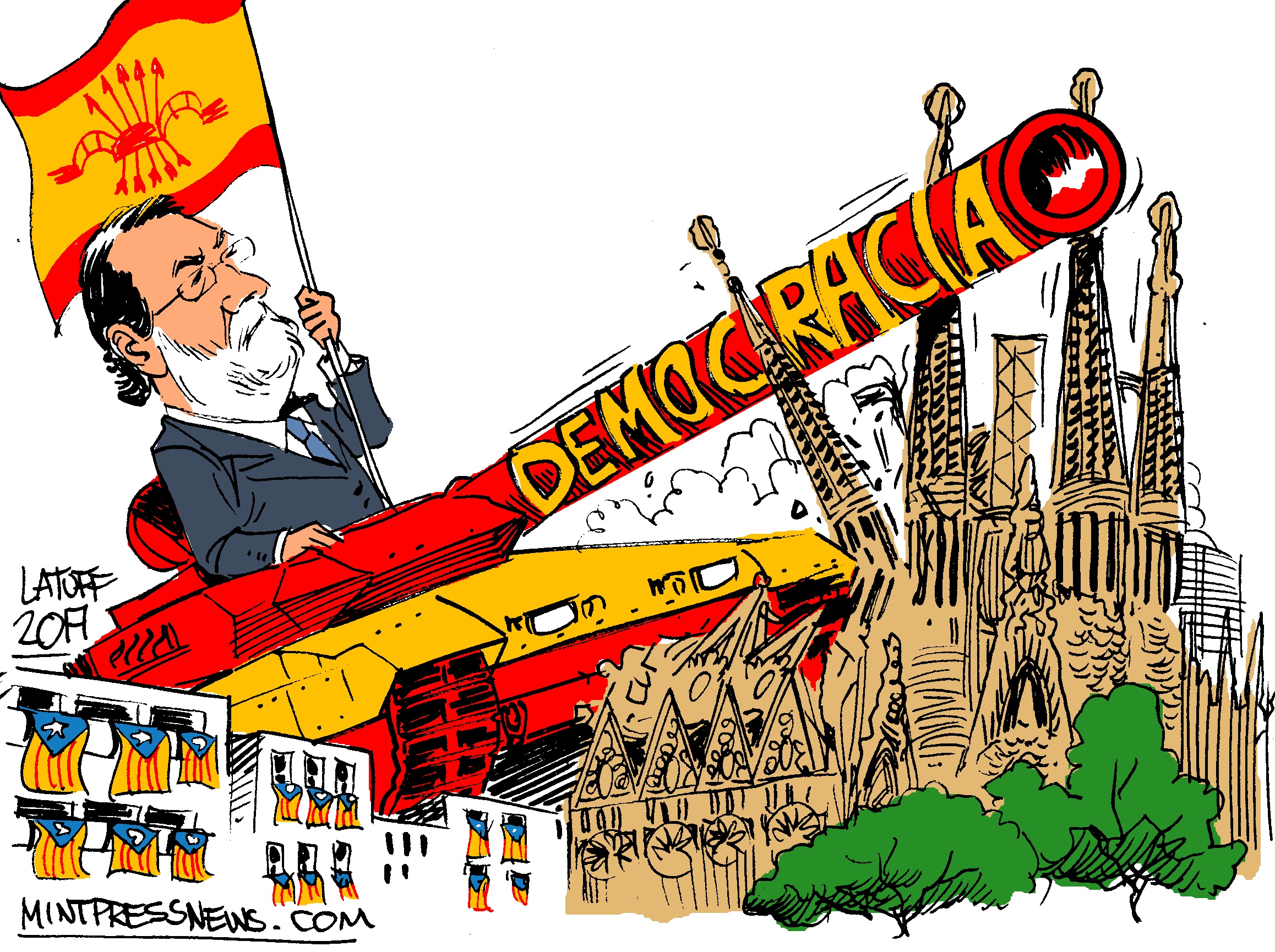 The King Of Spain Rajoy Invades Catalonia On The Back Of A Tank A MintPress News Exclusive Editorial Cartoon By Artist Carlos Latuff