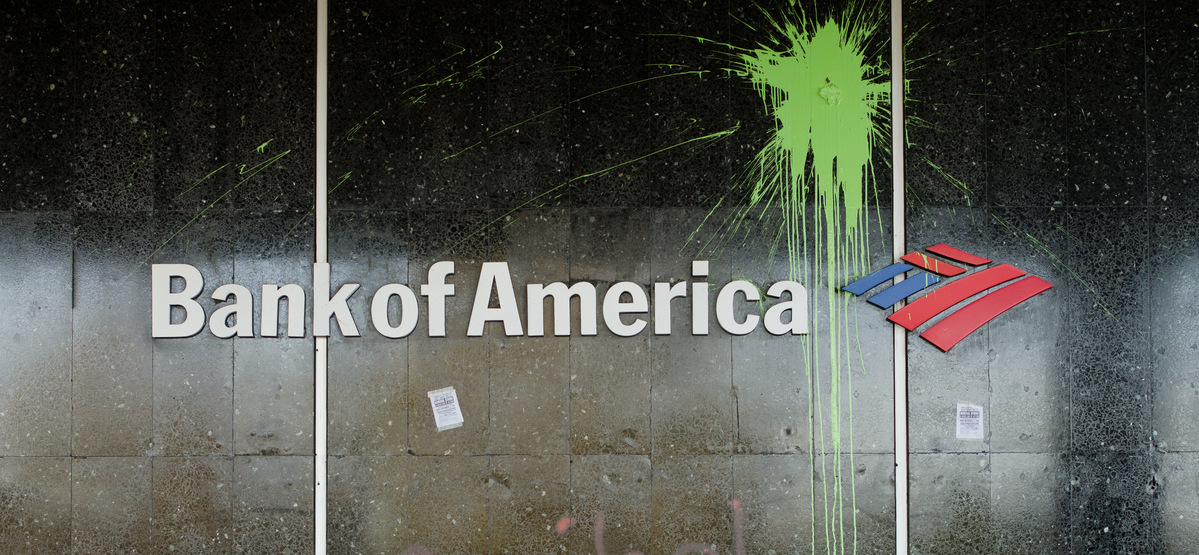 Damage to the front of the Bank of America building in downtown Oakland.