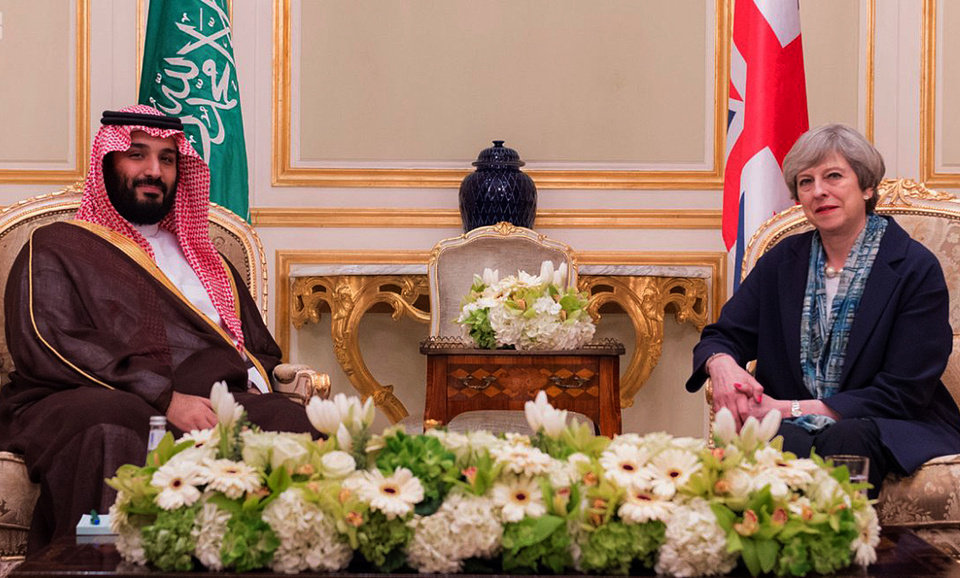 Saudi Defense Minister and Deputy Crown Prince Mohammed bin Salman, left, receives British Prime Minister Theresa May, in Riyadh, Saudi Arabia, April 5, 2017. (Saudi Press Agency via AP)