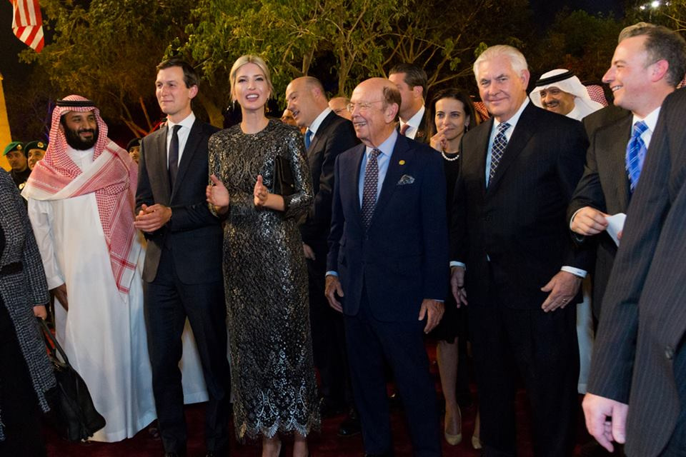 Senior White House Adviser Jared Kushner, and his wife, Assistant to the President Ivanka Trump, U.S. Commerce Secretary Wilbur Ross, U.S. Secretary of State Rex Tillerson, and White House Chief of Staff Reince Priebus arrive at the Murabba Palace as guests of Saudi King Salman, May 20, 2017, in Riyadh, Saudi Arabia. (White House Photo/Shealah Craighead)