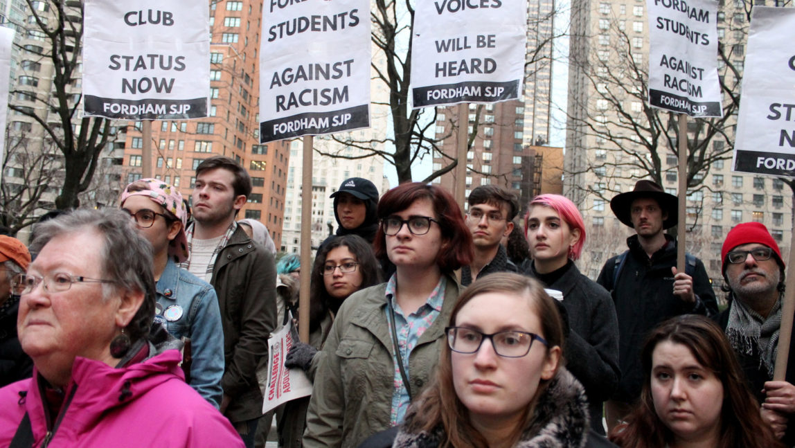 Supporters of Students for Justice in Palestine rallied on the Manhattan campus of Fordham University to protest a ban on the group by the school's administration, as well as a threat of disciplinary action against one of its leaders, Sapphira Lurie, by Fordham Dean of Students Keith Eldredge. (Photo by Joe Catron/flickr/cc)