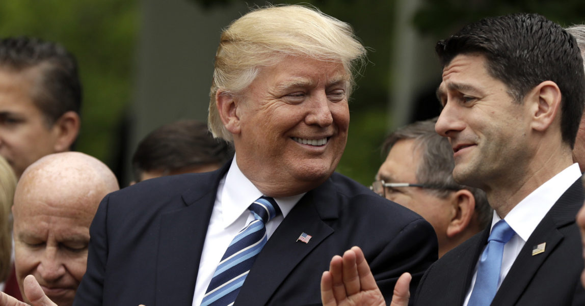 In this May 4, 2017, photo, President Donald Trump talks to House Speaker Paul Ryan of Wis. in the Rose Garden of the White House in Washington, after the House pushed through a health care bill. (AP/Evan Vucci)