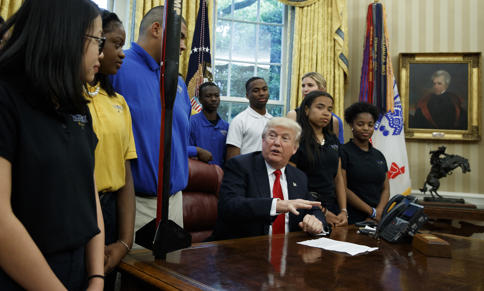 President Donald Trump speaks to members of the rocket team from Victory Christian Center School in Charlotte, N.C., May 12, 2017, in the Oval Office of the White House in Washington. (AP/Evan Vucci)