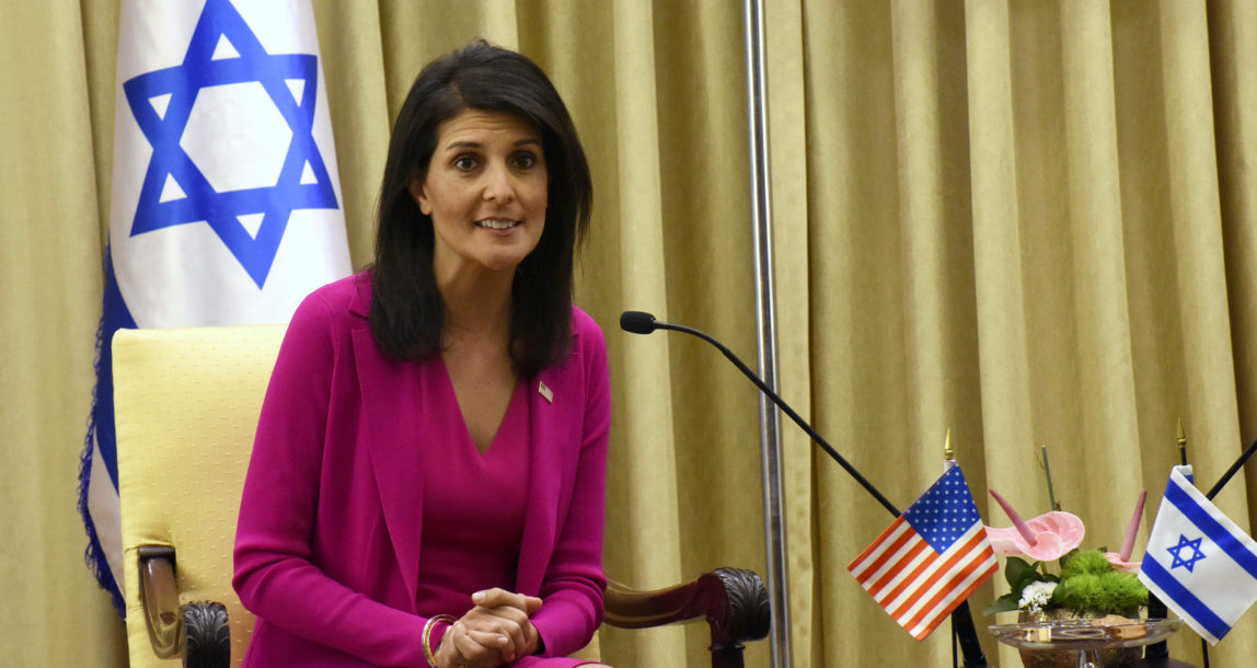 U.S. Ambassador to the United Nations Nikki Haley speaks during a meeting with Israeli President Reuven Rivlin, not seen, in his residence in Jerusalem, Israel, Wednesday, June 7, 2017. (Debbie Hill/Pool photo via AP)