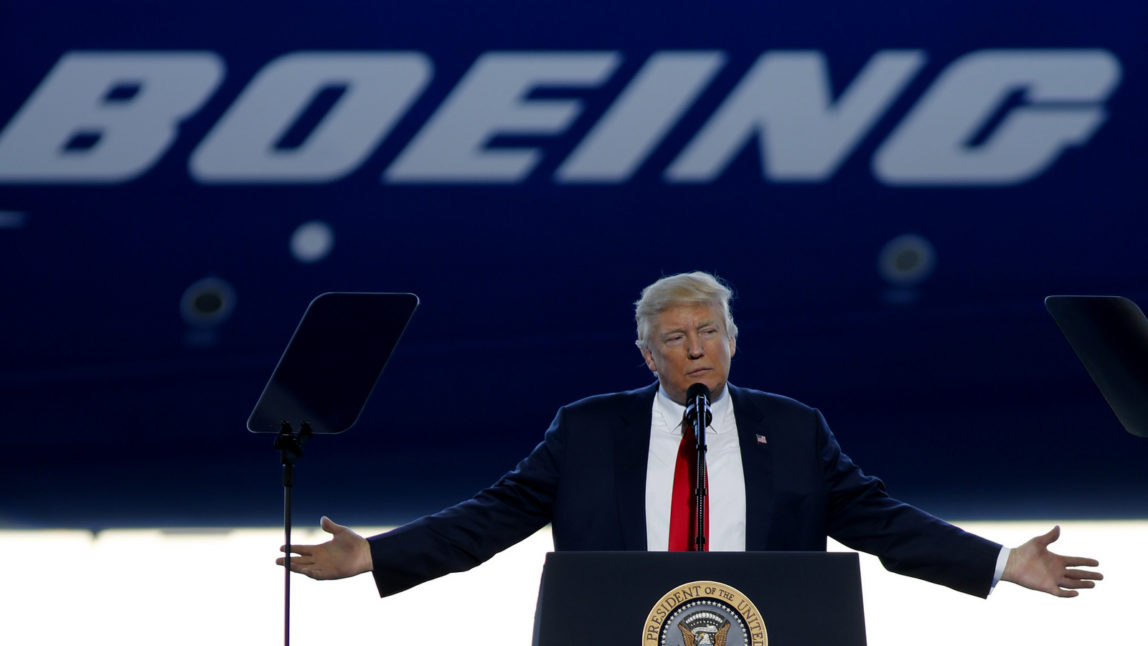 President Donald Trump to speaks to Boeing employees in the final assembly building at Boeing South Carolina in North Charleston, S.C., Feb. 17, 2017. (AP/Mic Smith)