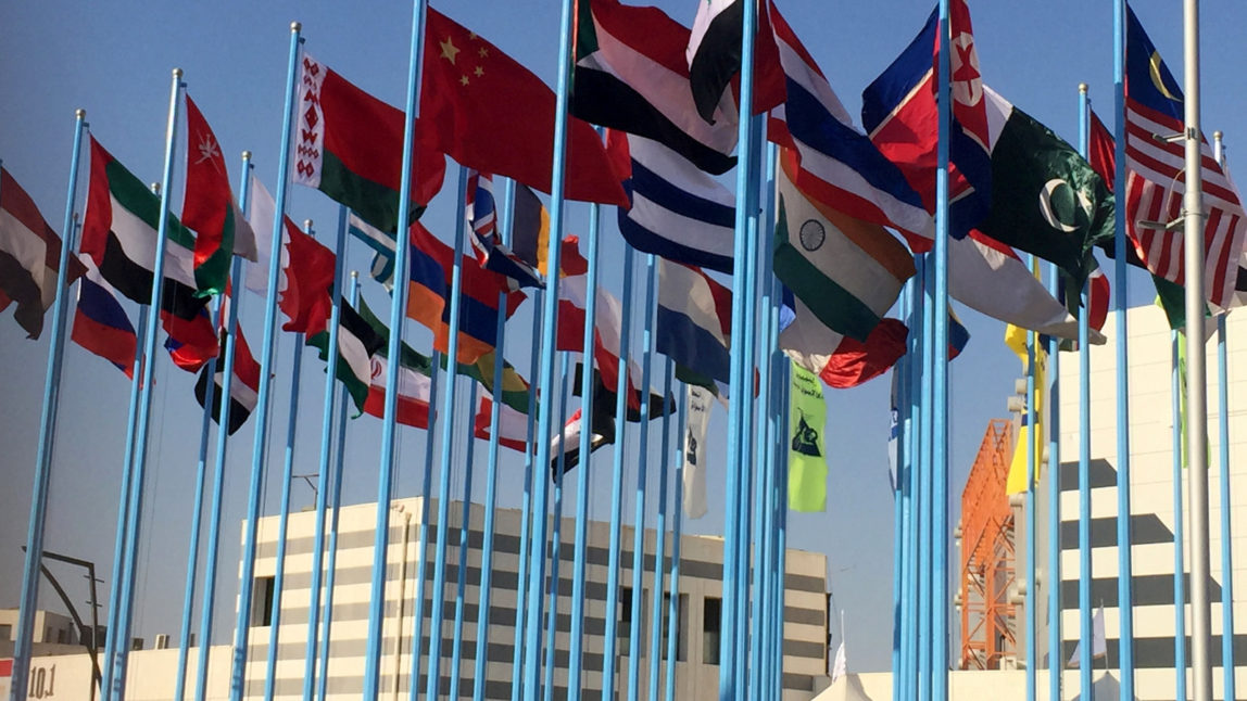 International flags fly at Syria’s first international trade fair since war broke out in 2011, a few kilometers away from the rebel-held eastern suburbs of Damascus, Syria, Thursday, Aug. 17, 2017. The prime minister opened the fair, an event hailed by the government as a sign of renewed confidence after years of conflict. (AP Photo)