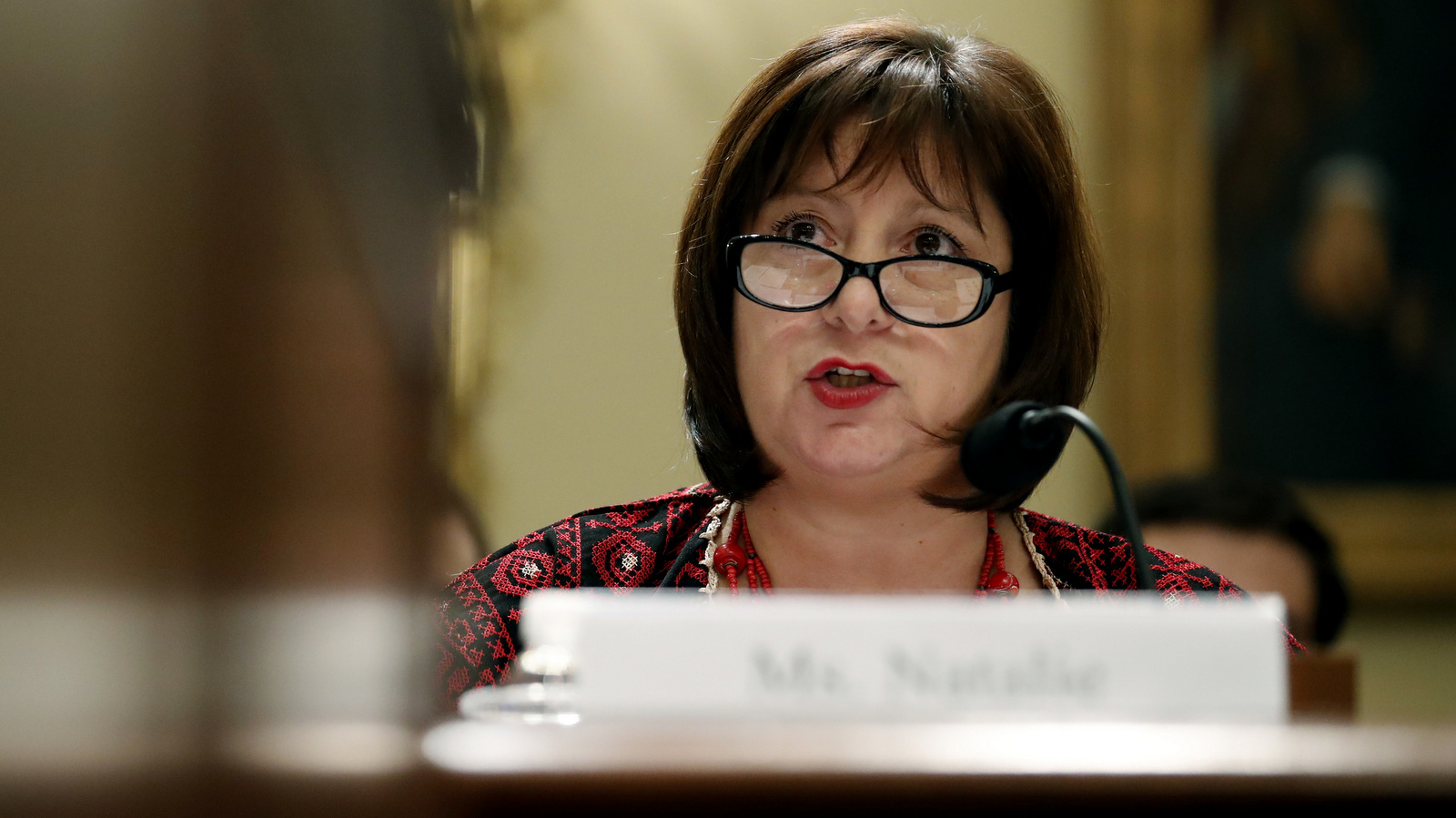Natalie Jaresko, executive director, with the financial oversight and management board for Puerto Rico, speaks during a House Committee on Natural Resources hearing to examine challenges in Puerto Rico's recovery and the role of the financial oversight and management board, on Capitol Hill, Nov. 7, 2017 in Washington. (AP/Alex Brandon)