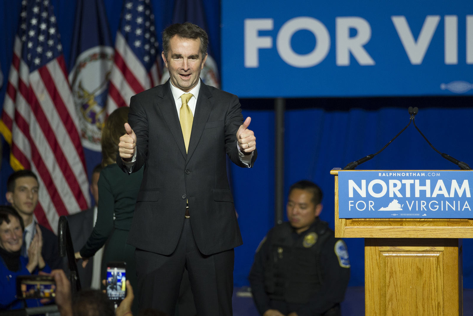 Ralph Northam walks onstage to celebrate his election victory at George Mason University in Fairfax, Va., Nov. 7, 2017. (AP/Cliff Owen)