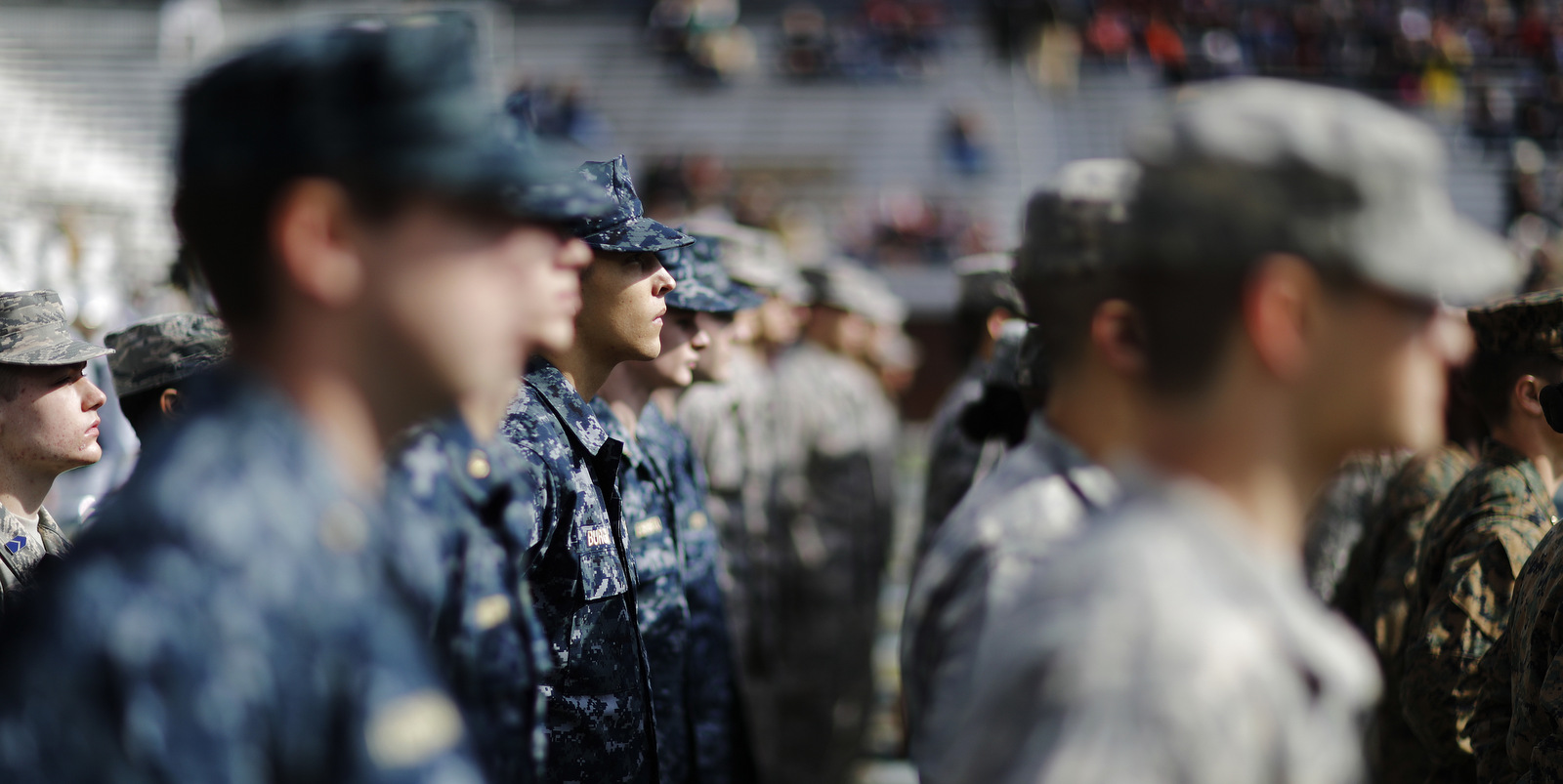 Members of the Georgia Tech ROTC take the field before the playing of the national anthem on Veterans Day at an NCAA college football game between Georgia Tech and Virginia Tech in Atlanta, Nov. 11, 2017. (AP/David Goldman)