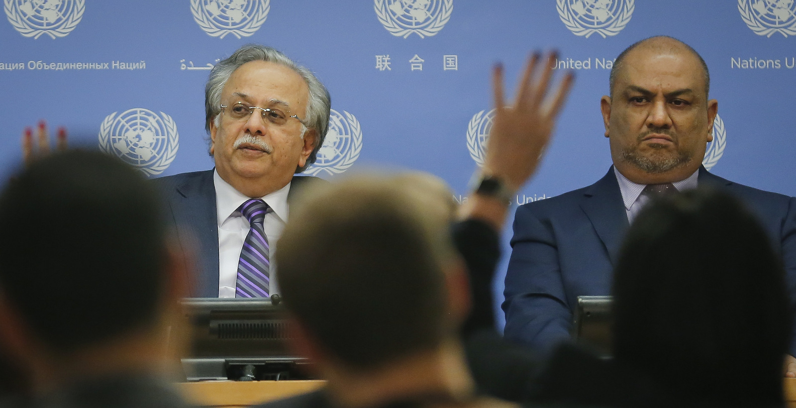 Saudi Arabia's United Nations Ambassador Abdallah Al-Mouallimi, left, and Yemen U.N. Ambassador Khaled Hussein Al-Yamani, right, hold a press conference, Nov. 13, 2017 at U.N. headquarters. (AP/Bebeto Matthews)
