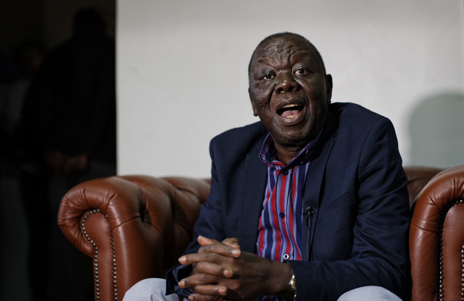 Zimbabwe opposition leader Morgan Tsvangirai speaks after giving a press conference at his home in Harare, Zimbabwe, Nov. 16, 2017. Tsvangirai said President Robert Mugabe must resign and called for a negotiated transitional mechanism. (AP/Ben Curtis)