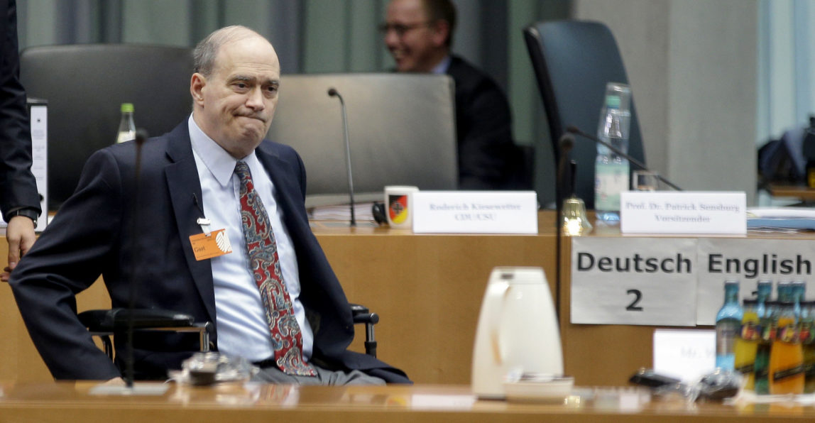 The former US National Security Agency employee William Binney arrives for questioning by the German parliamentary NSA investigation committee in Berlin, Germany, July 3, 2014. The committee was tasked with investigating the NSA surveillance activities included the tapping of German Chancellor Angela Merkel. (AP/Michael Sohn)
