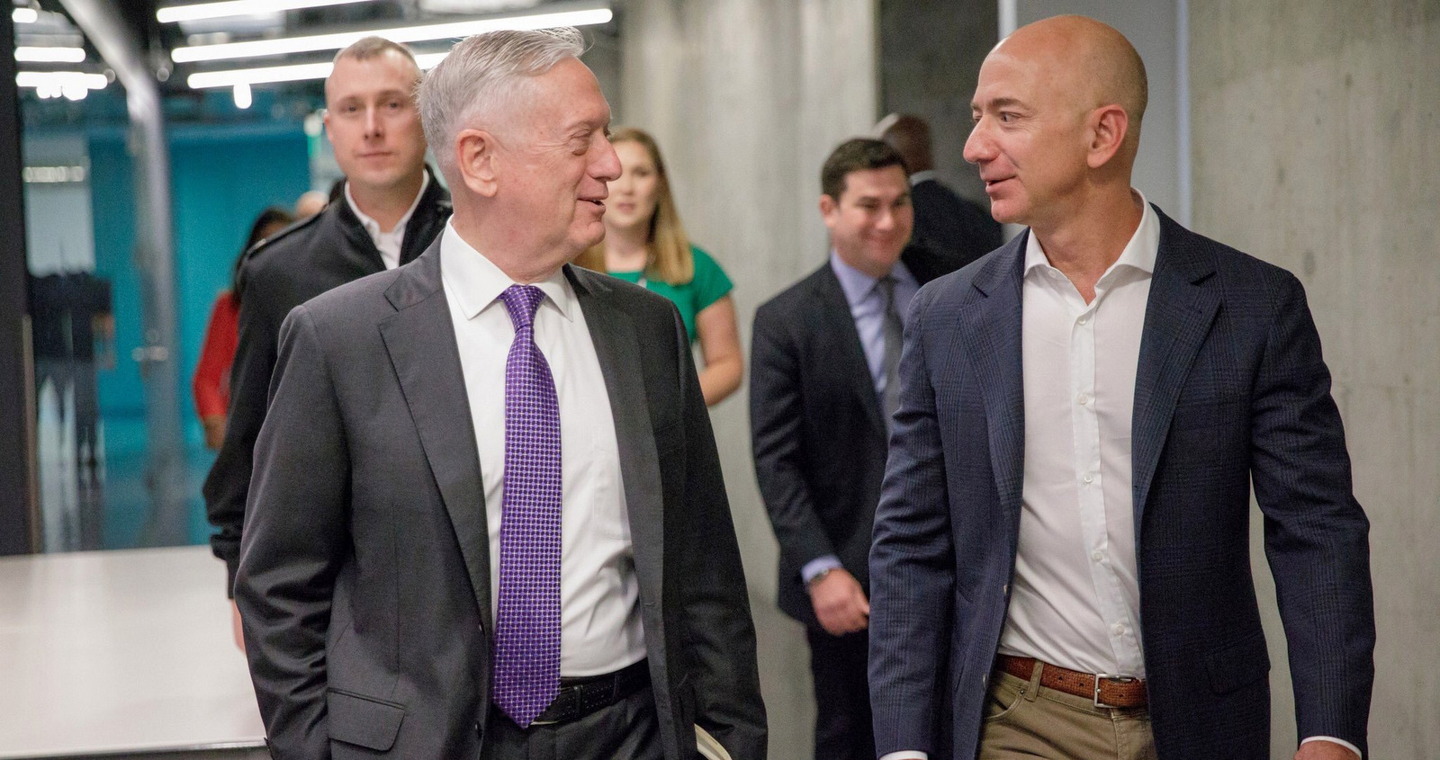 Defense Secretary James Mattis chats with Amazon founder Jeff Bezos during a visit to west coast tech and defense companies. (Jeff Bezos/Twitter)