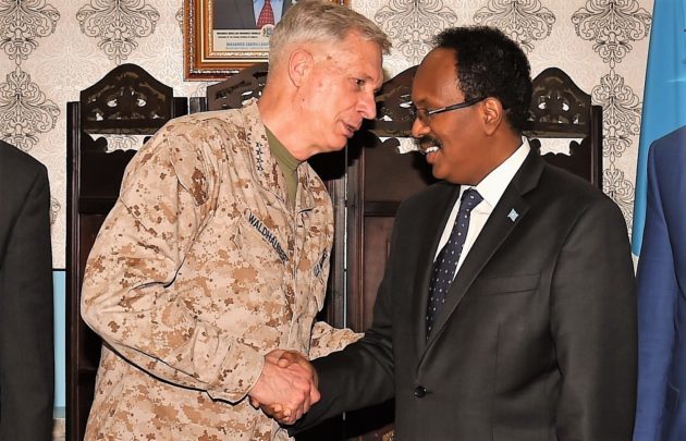 Somalian President Mohamed Abdullahi Mohamed seen here with commander US Marine Corps Gen. Thomas D. Waldhauser earlier this year via Africom