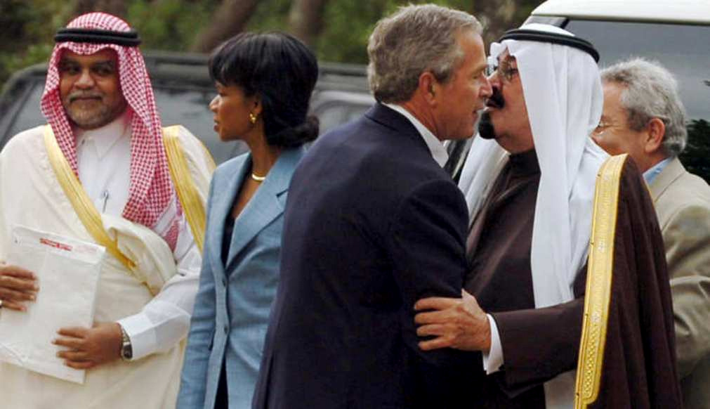 Bandar bin Sultan (left) has been close to multiple US administrations spannig decades with direct involvement in events ranging from Reagan's Nicaraguan Contra program (including being named in the Iran-Contra scandal), to making the case for the Iraq War as a trusted friend of Bush and Cheney, to directing Obama-era covert operations to arm jihadists in Syria.
