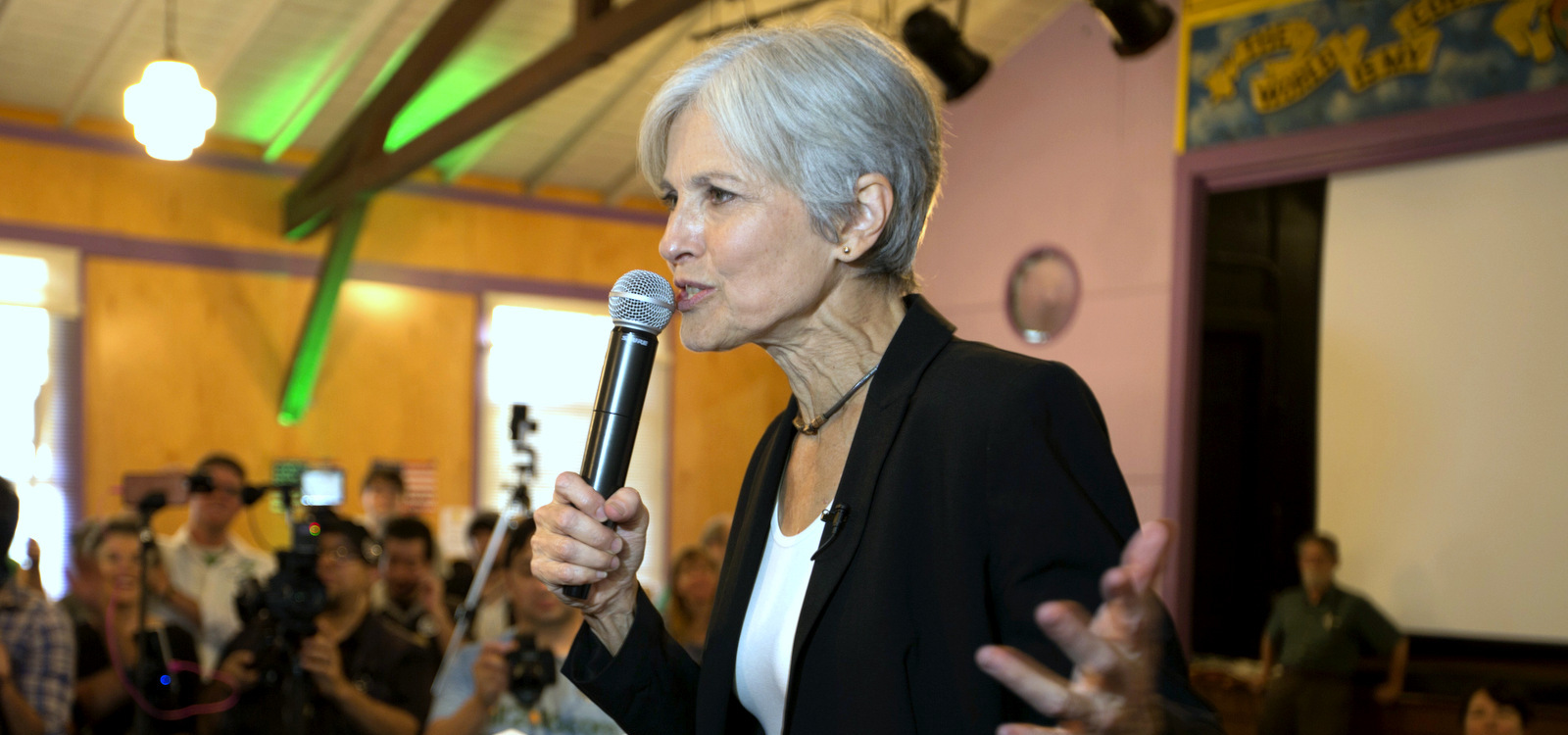 Green party presidential candidate Jill Stein delivers a stump speech to her supporters during a campaign stop at Humanist Hall in Oakland, Calif. on Thursday, Oct. 6, 2016. (AP Photo/D. Ross Cameron)