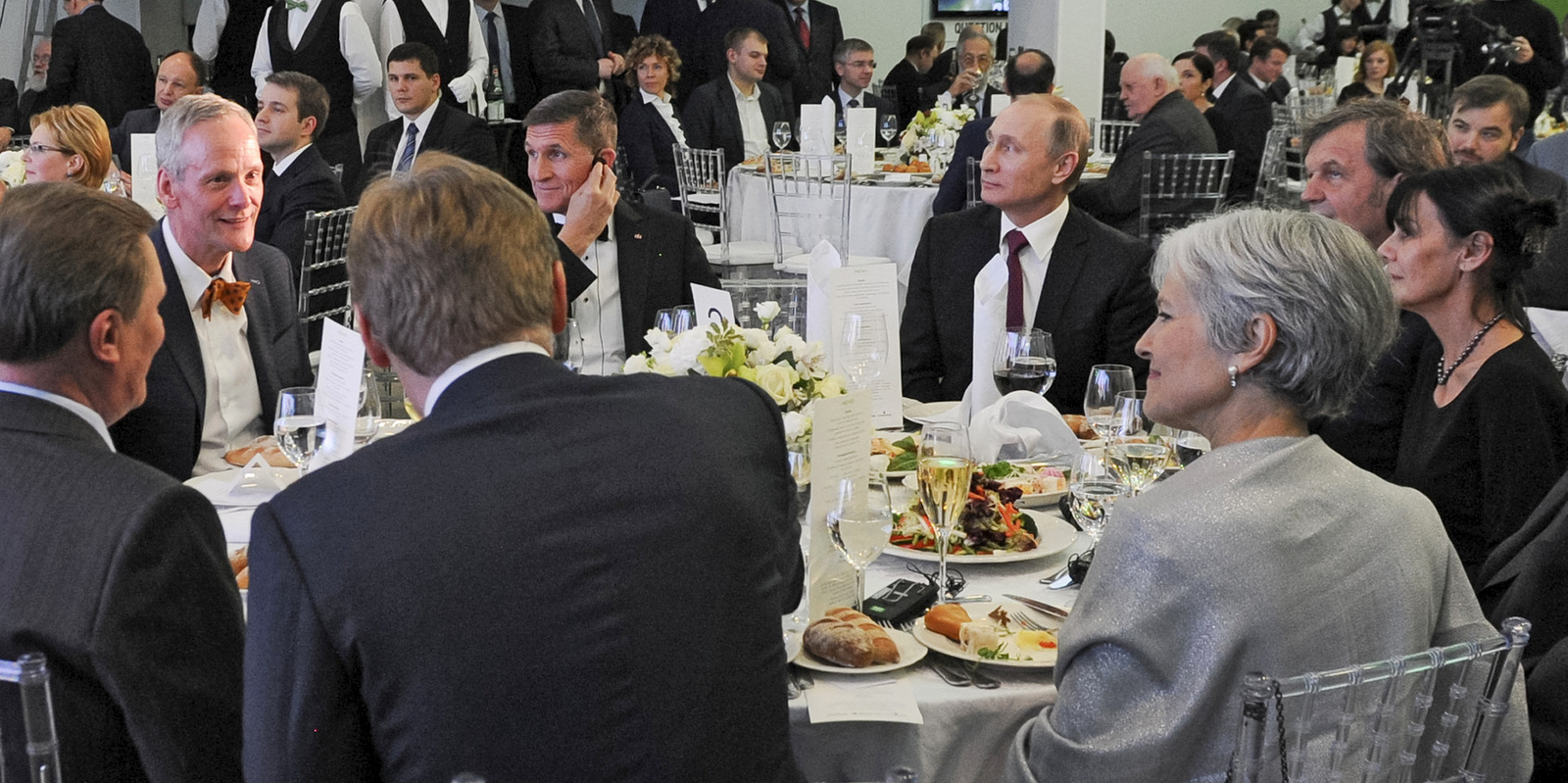 Retired Lt. Gen. Michael Flynn attending a dinner marking the RT network’s 10-year anniversary in Moscow, December 2015, sitting at the same table as Russian President Vladimir Putin and Green Party leader Jill Stein.