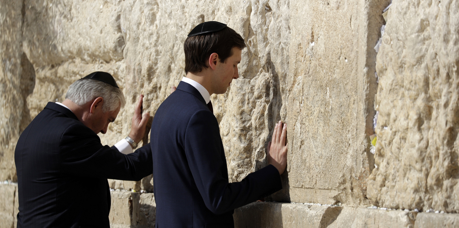 Secretary of State Rex Tillerson and White House senior adviser Jared Kushner visits the Western Wall, May 22, 2017, in Jerusalem. (AP/Evan Vucci)