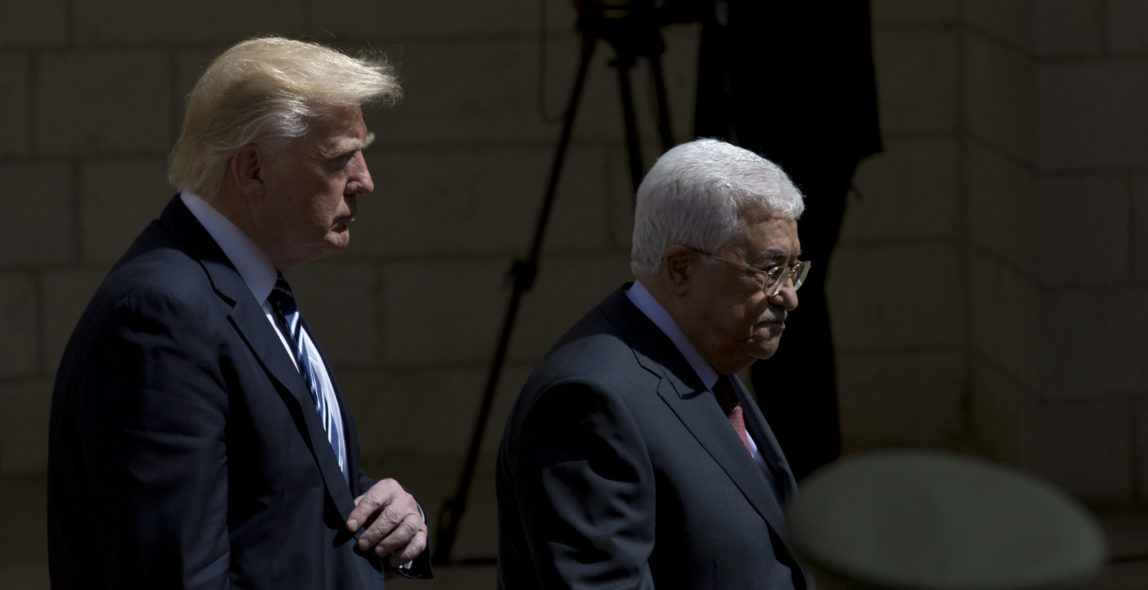 Palestinian President Mahmoud Abbas receives President Donald Trump in the West Bank city of Bethlehem, May 23, 2017. (AP/Nasser Nasser)
