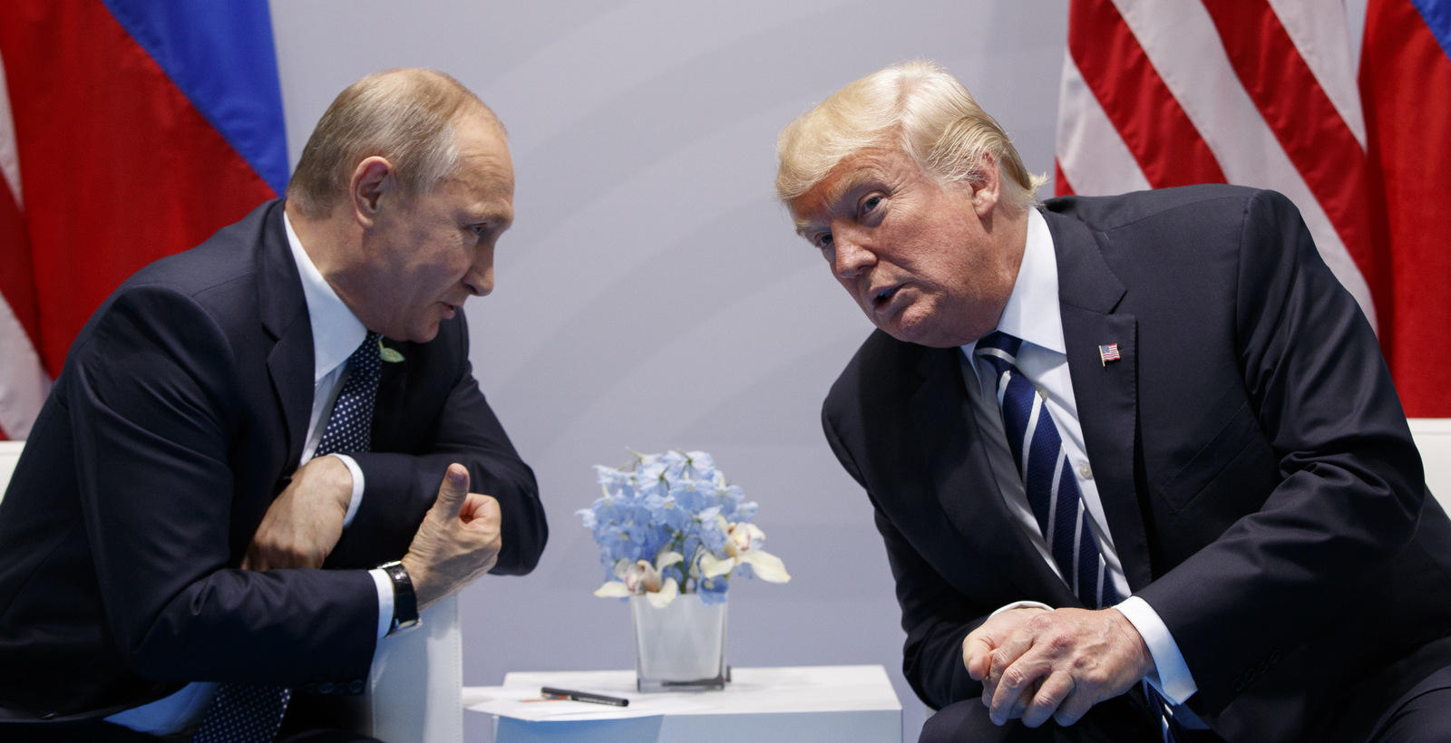 President Donald Trump speaks during a meeting with Russian President Vladimir Putin at the G20 Summit at the G20 Summit, July 7, 2017, in Hamburg. (AP/Evan Vucci)