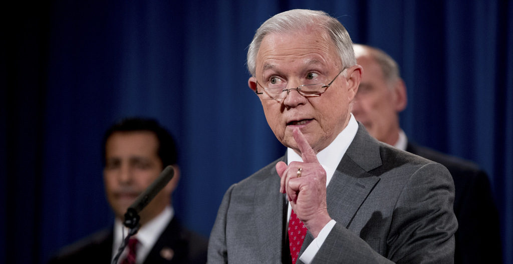 Attorney General Jeff Sessions speaks during a briefing on leaks of classified material one week after President Donald Trump complained that Sessions was weak on preventing such disclosures, Aug. 4, 2017.